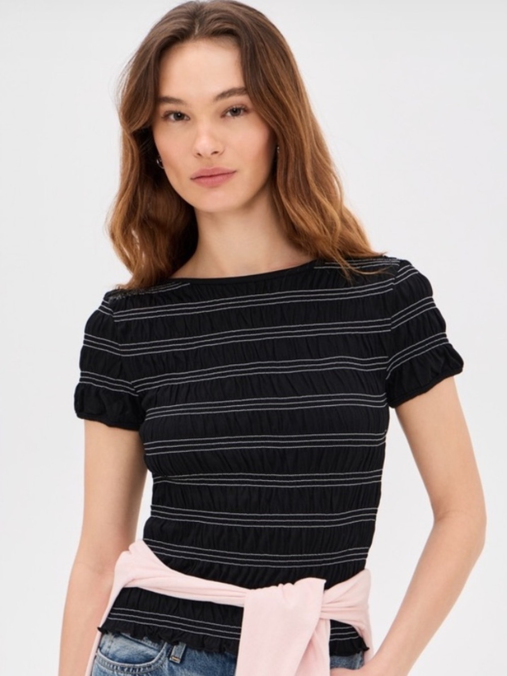 Madewell Black Short-Sleeve Striped Ruched Top